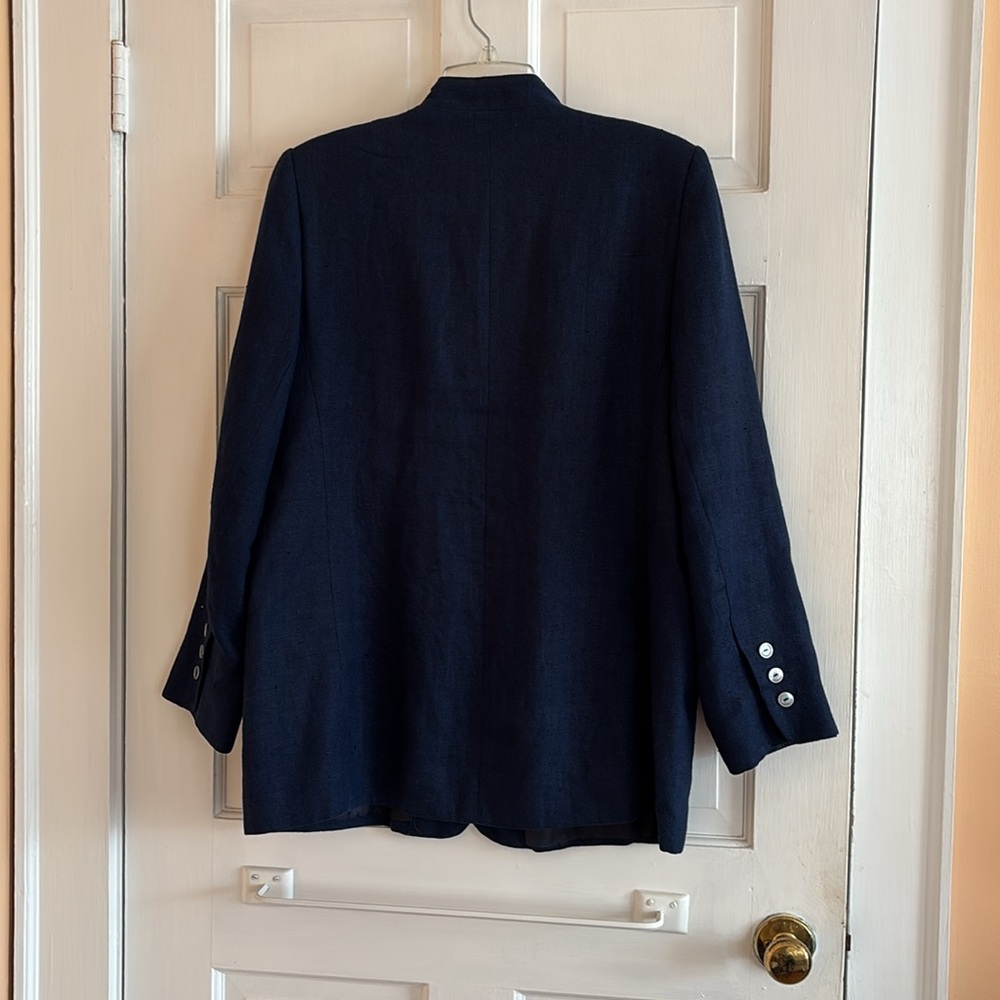 Navy linen blazer mandarin collar - Picture 2 of 7